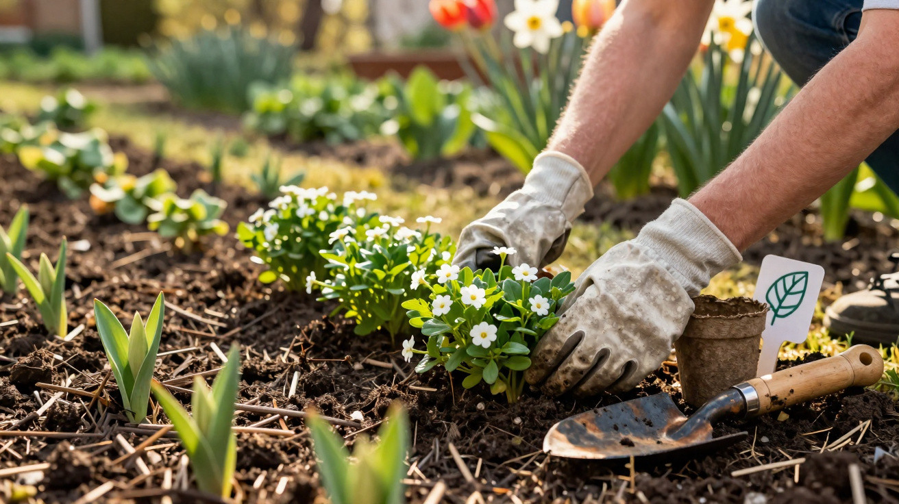 Mãos com luvas a plantar flores brancas num canteiro com ferramenta e terra à volta.