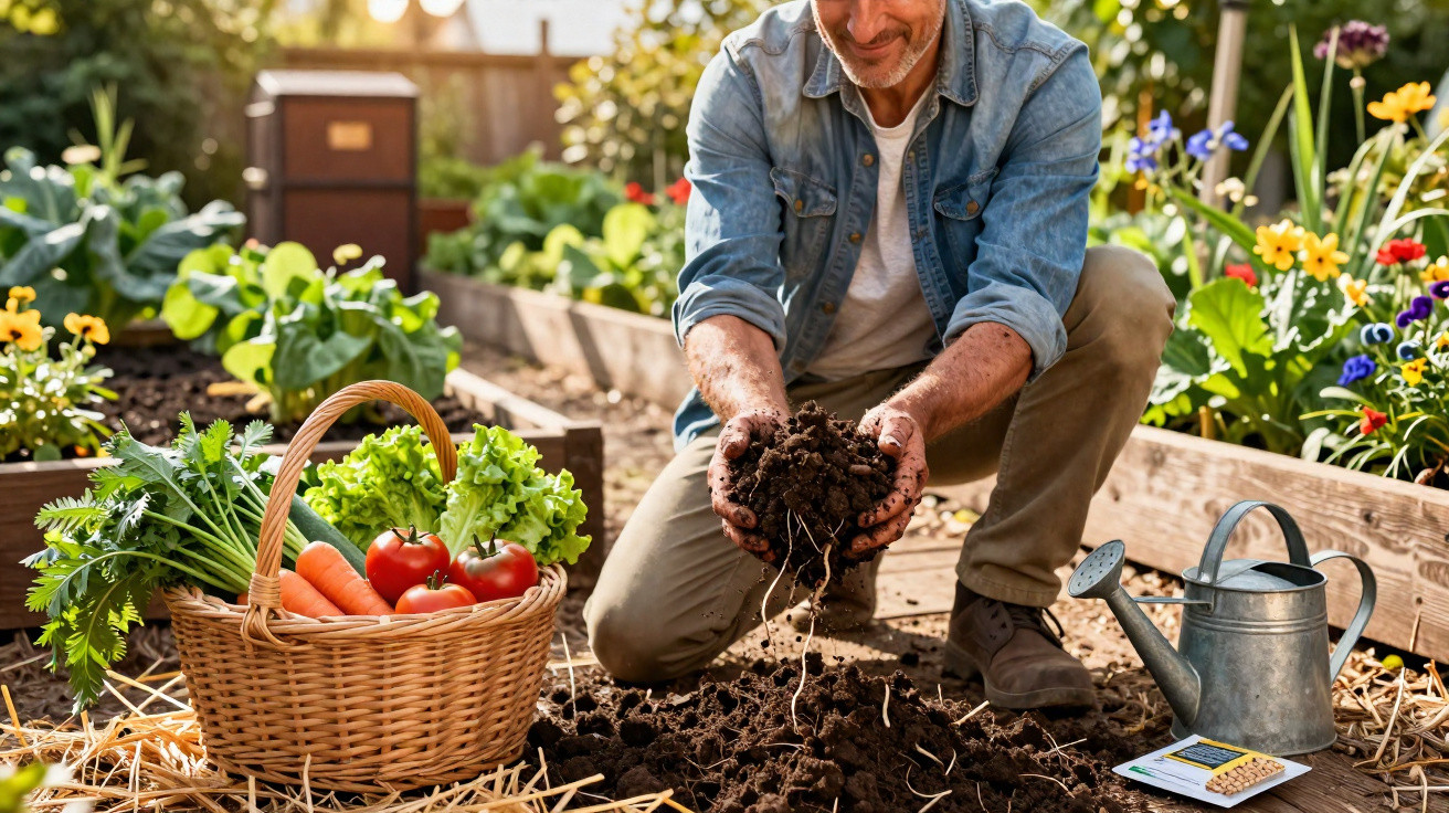 Homem a segurar terra numa horta com cesta de legumes frescos e regador ao lado.