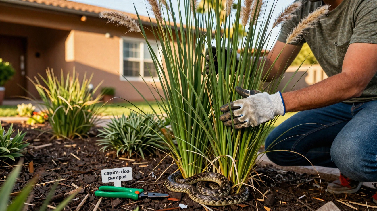 Pessoa com luvas a manusear planta capim-dos-pampas em jardim com serpente enrolada na base.