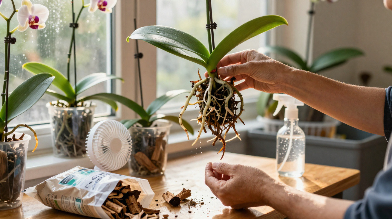 Pessoa a transplantar orquídea, com raízes expostas, sobre uma mesa com substrato e plantas ao fundo junto a janela.