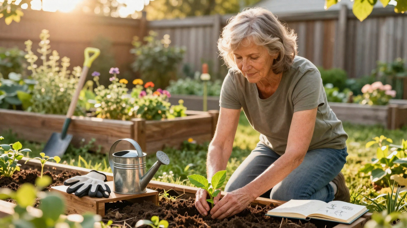 Mulher idosa a plantar uma muda num canteiro, rodeada de ferramentas de jardinagem e plantas floridas.