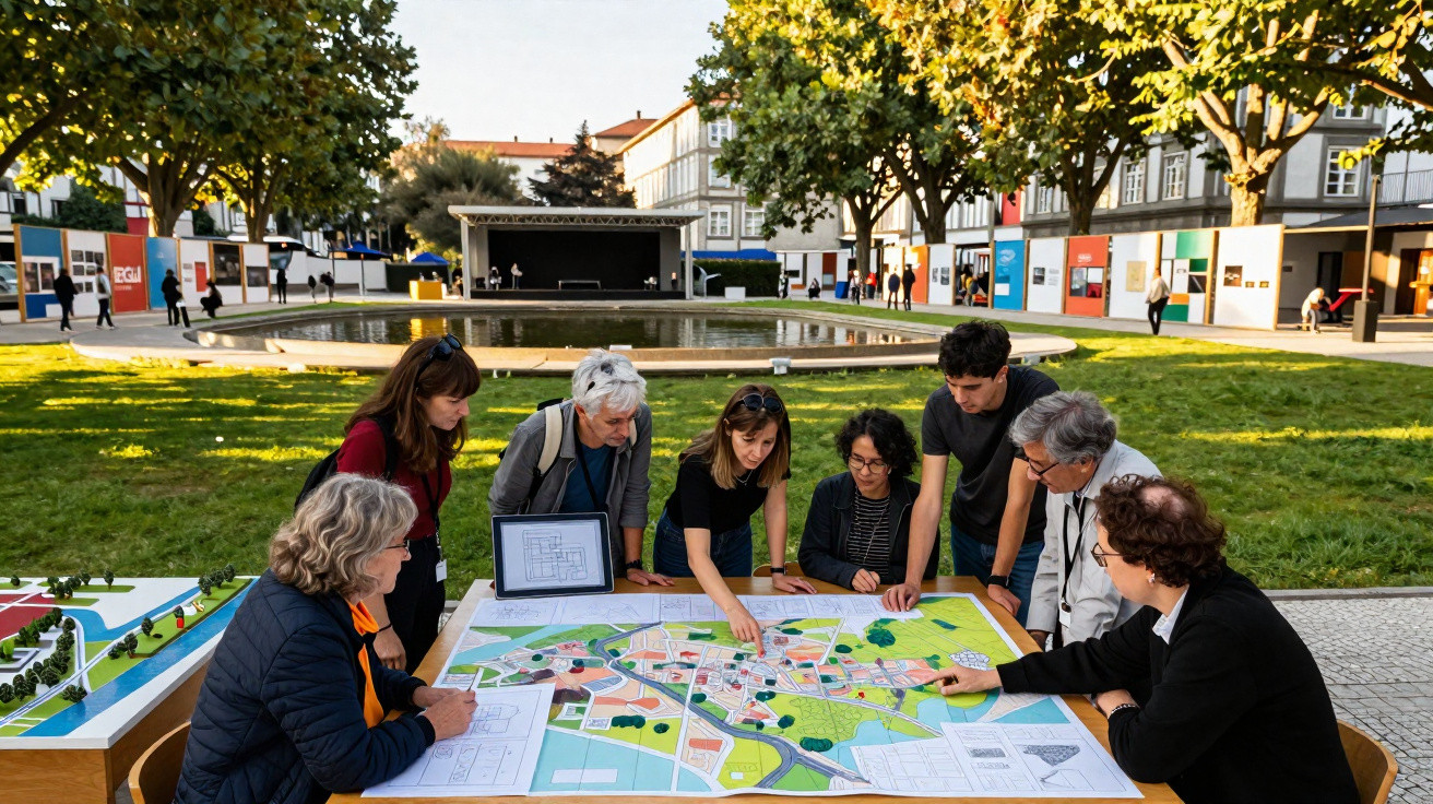 Grupo de pessoas reunidas à volta de uma mesa com mapas e plantas urbanas num parque ao ar livre.