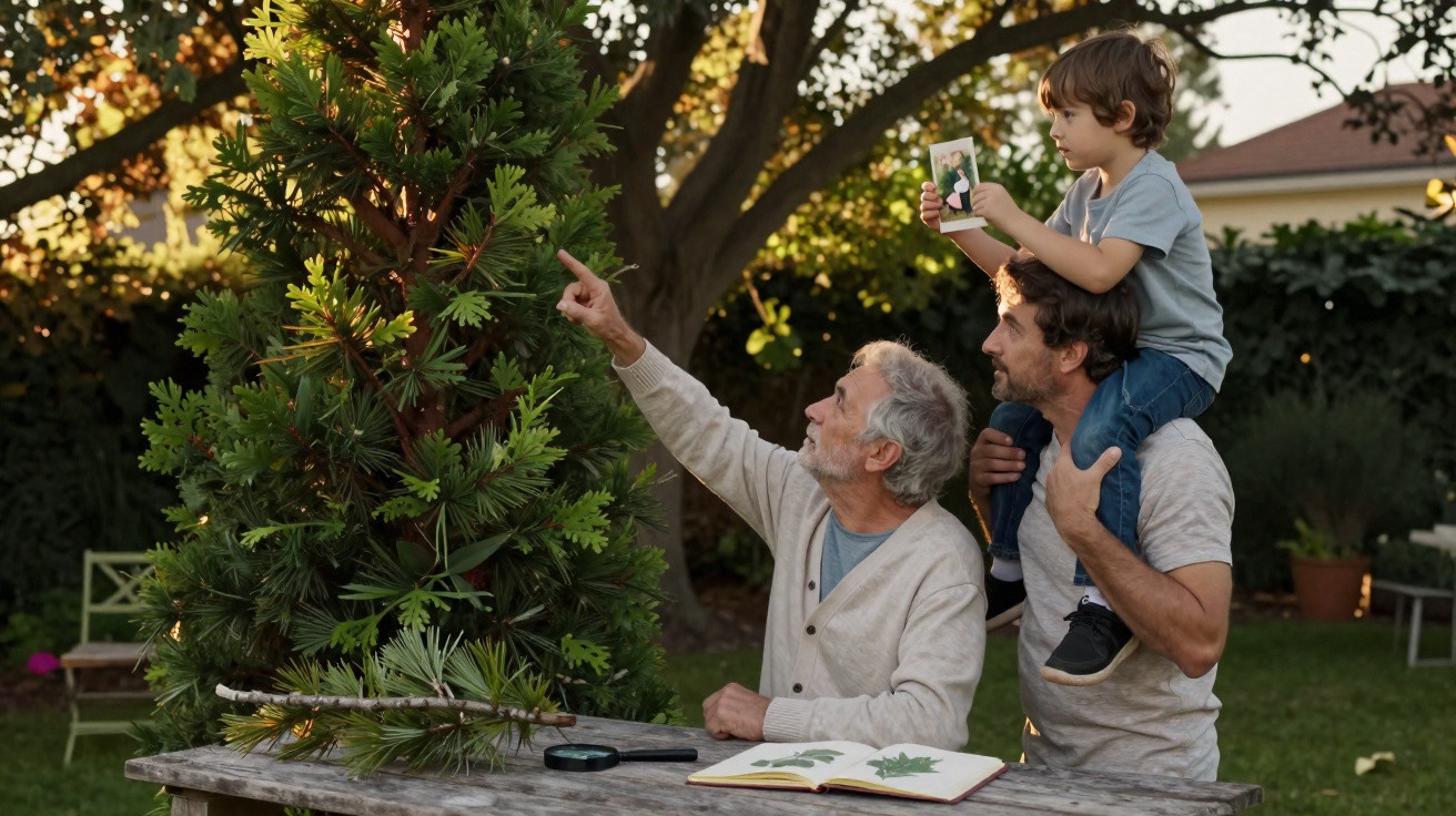 Avô, pai e filho exploram um pinheiro no jardim, com livro de botânica e lupa na mesa.