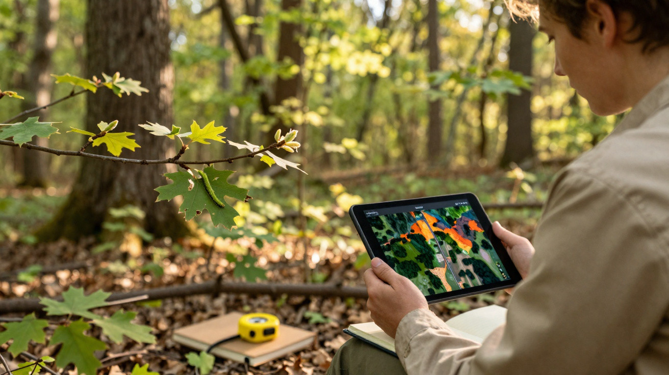 Pessoa numa floresta segurando um tablet com mapa topográfico e equipamentos de medição no chão.