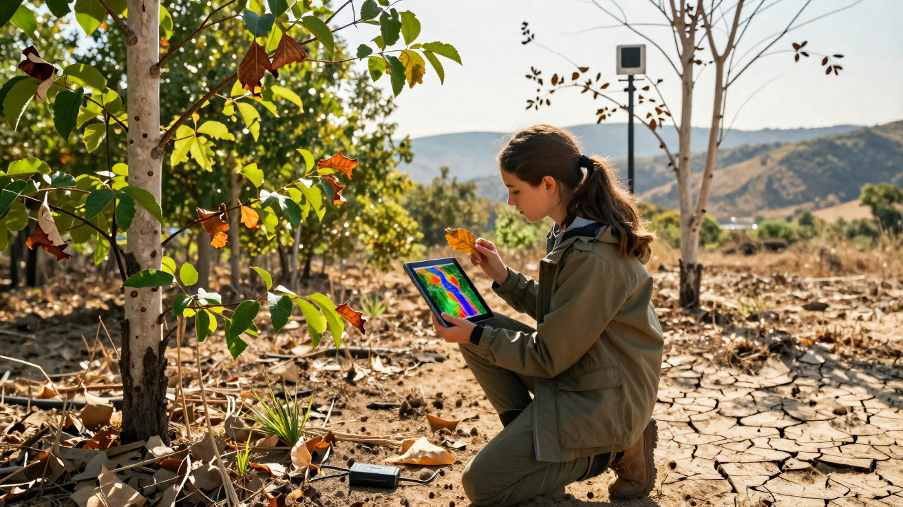 Mulher a analisar folhas numa zona seca com tablet a mostrar dados coloridos, entre árvores e solo rachado.