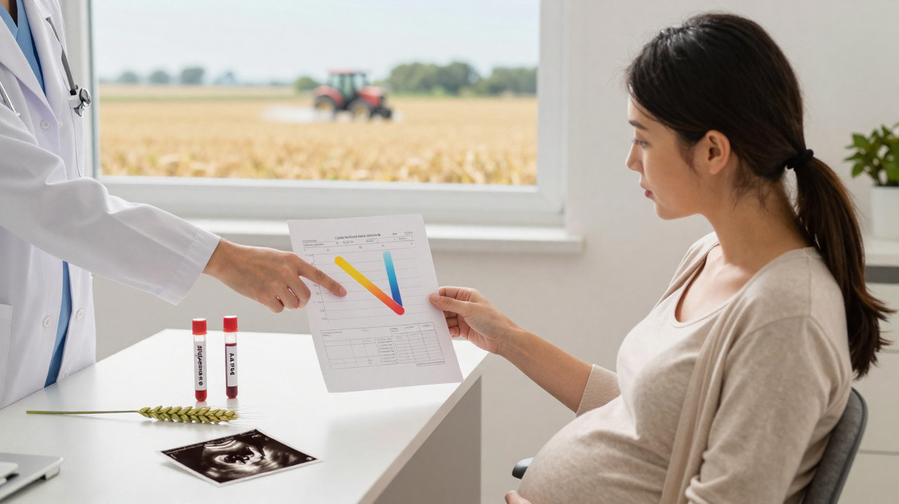 Mulher grávida consulta médico que lhe mostra um gráfico colorido num documento num consultório.