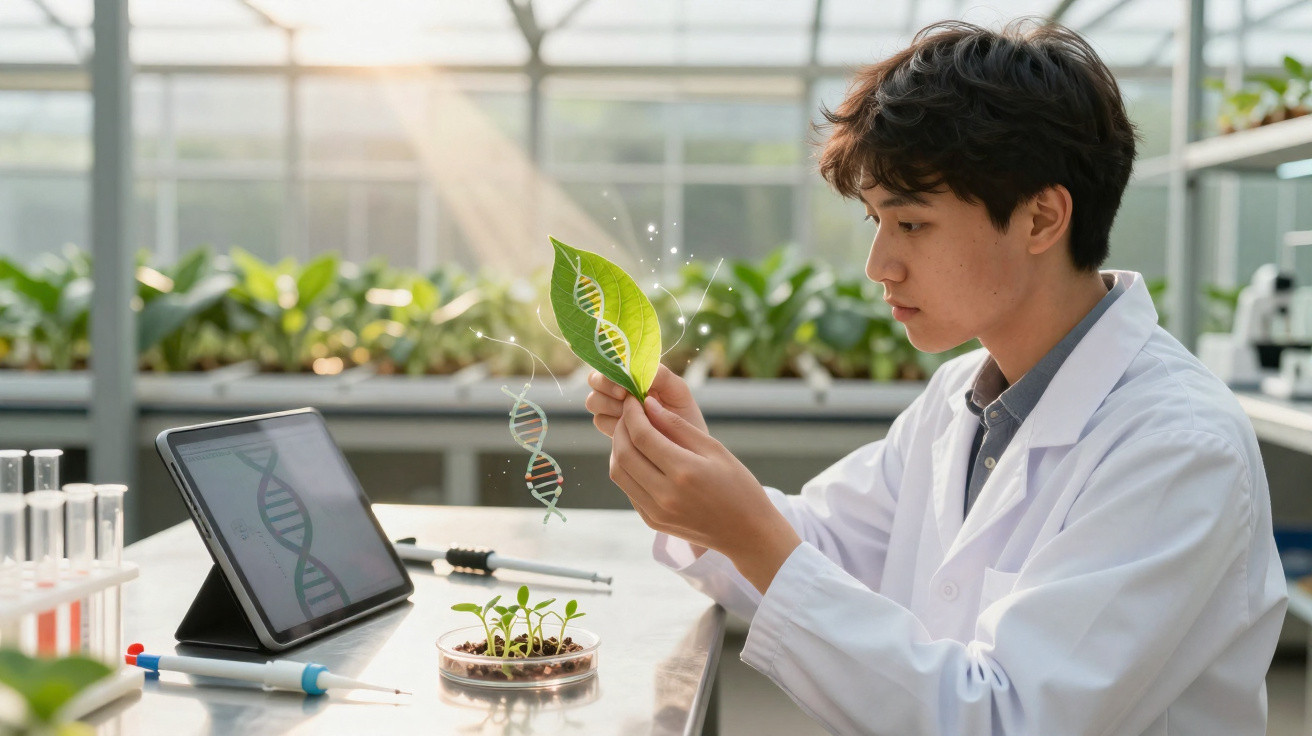 Cientista em laboratório observa folha com representação digital de ADN para pesquisa genética em plantas.