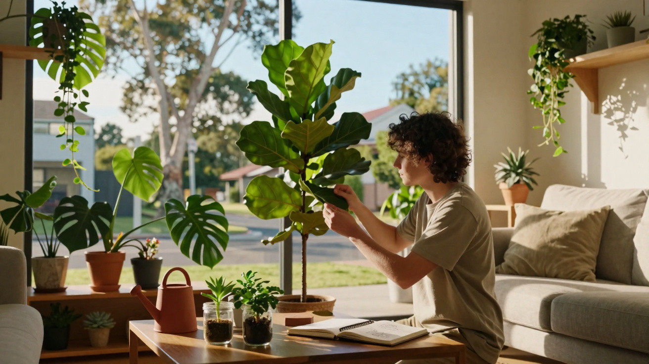 Pessoa a cuidar de plantas num sala luminosa com várias plantas em vasos e um caderno aberto na mesa.