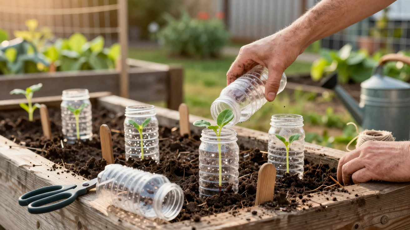 Mãos a regar plantas jovens em garrafas plásticas recicladas num canteiro de madeira no jardim.