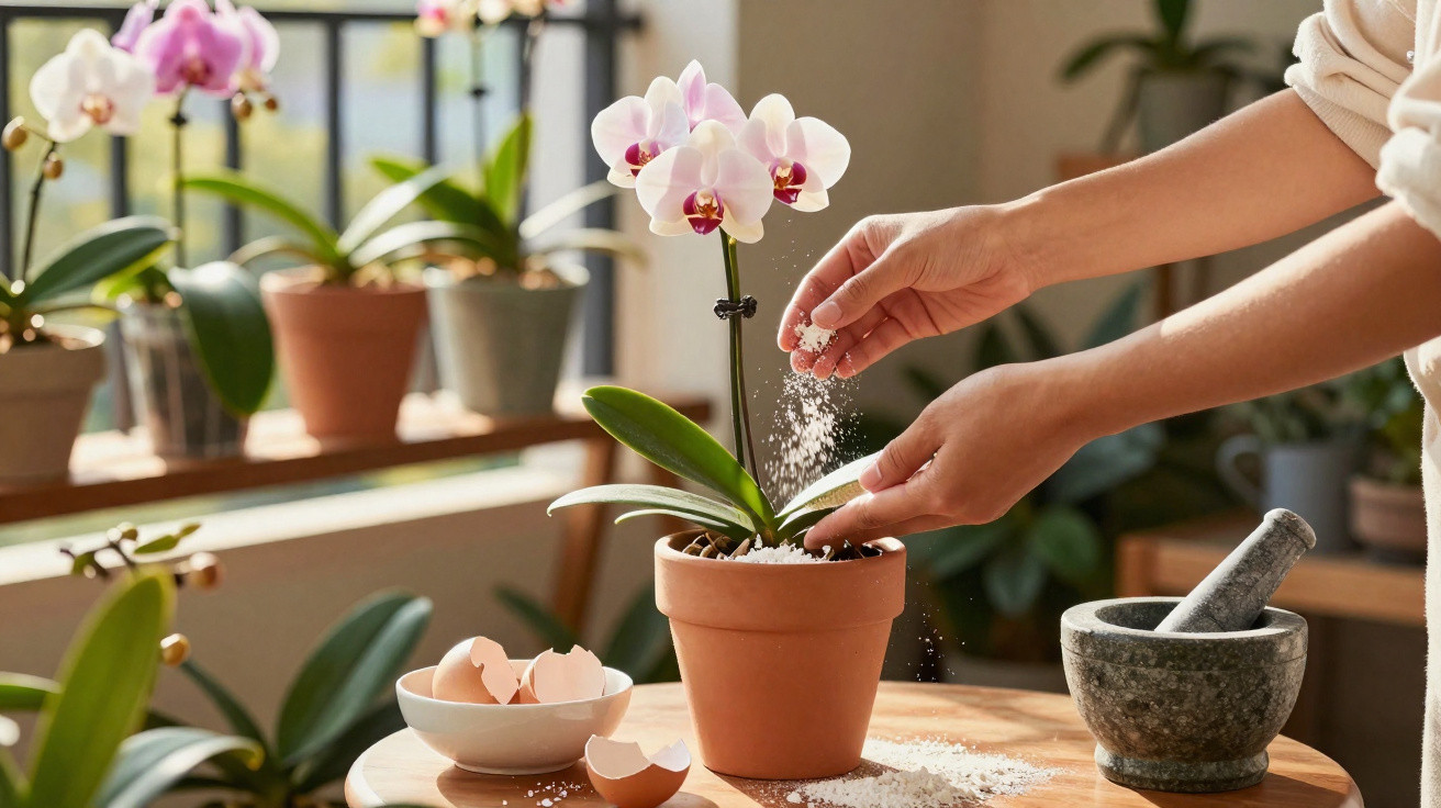Pessoa a cuidar de orquídea, adicionando fertilizante, com ovos e almofariz numa mesa interior.