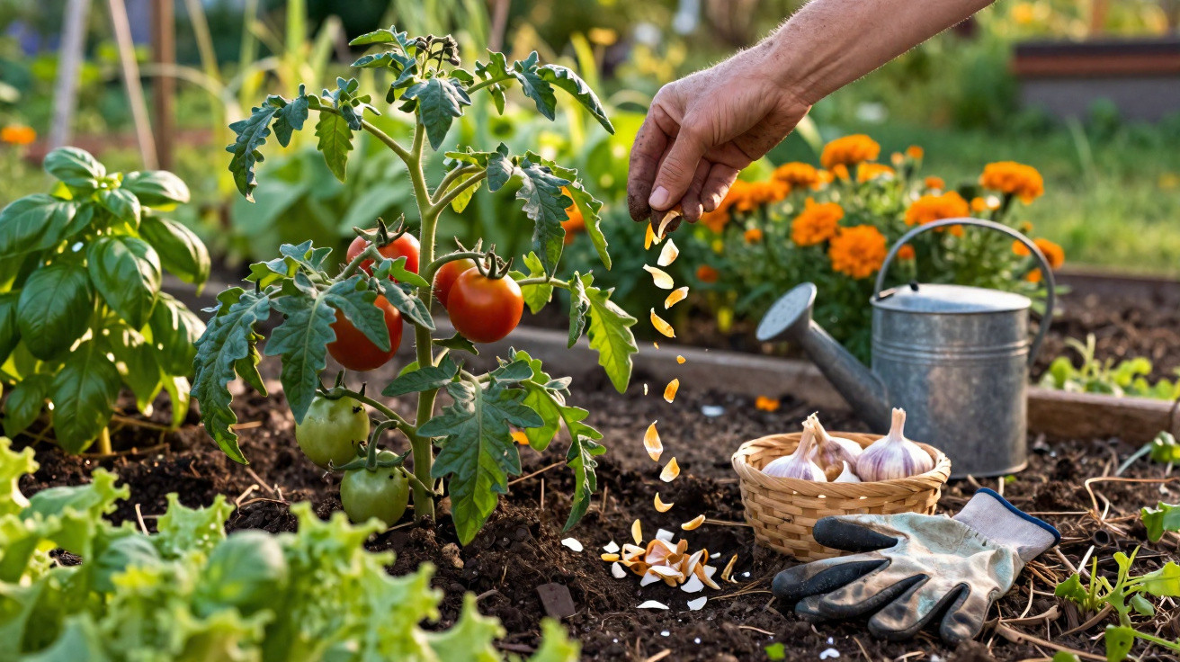 Mão a espalhar cascas de alho junto a planta de tomate maduro num jardim com regador e luvas.