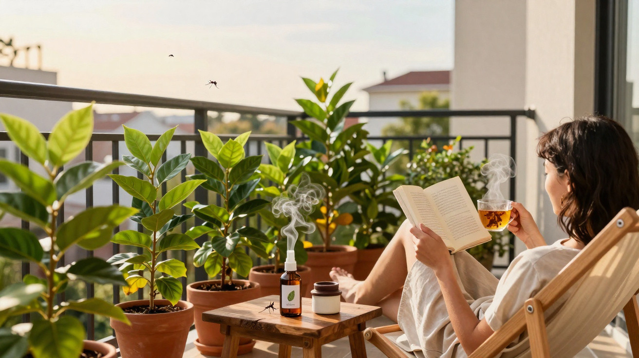 Mulher sentada numa cadeira de madeira numa varanda, lendo um livro e a beber chá, rodeada de plantas.