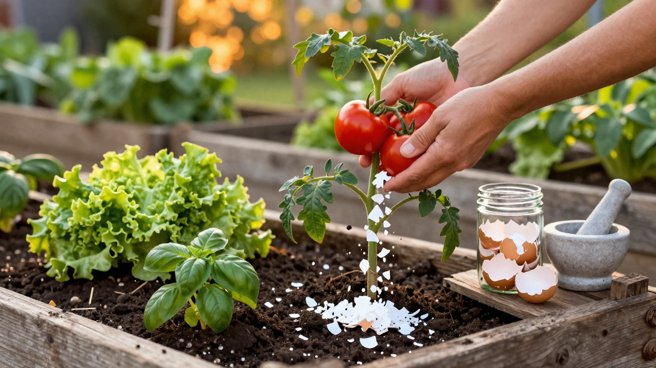 Mãos seguram tomates num pé em jardim com legumes, solo enriquecido com cascas de ovos.