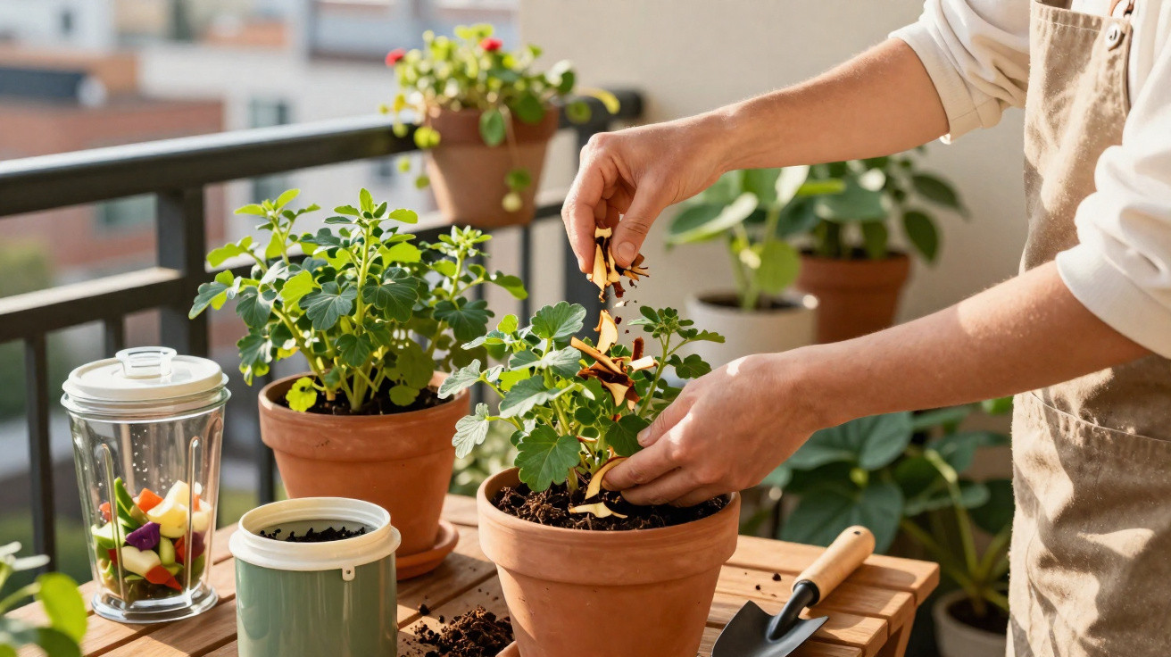 Pessoa a plantar ervas aromáticas em vaso de barro numa varanda ensolarada com utensílios de jardinagem.