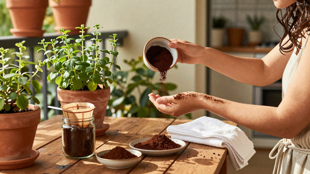 Pessoa a manusear borras de café junto a plantas em vasos numa mesa de madeira.