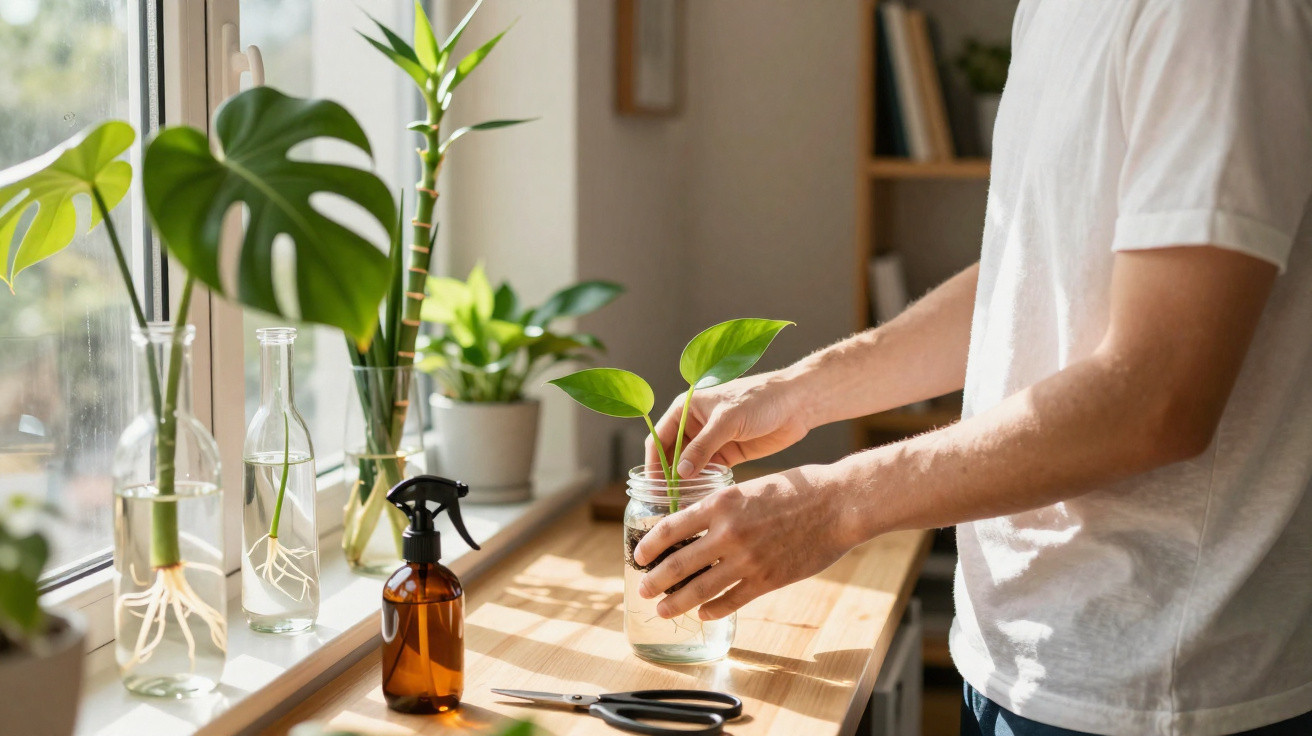 Pessoa a cuidar de planta em frasco de vidro à luz natural junto a janela com outras plantas e regador.