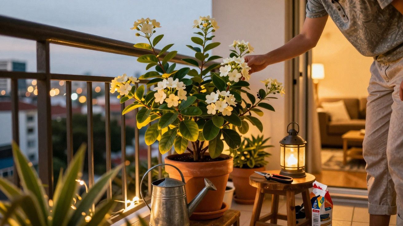 Pessoa a cuidar de planta florida em vaso num terraço durante o entardecer, com regador e lanterna acesa.