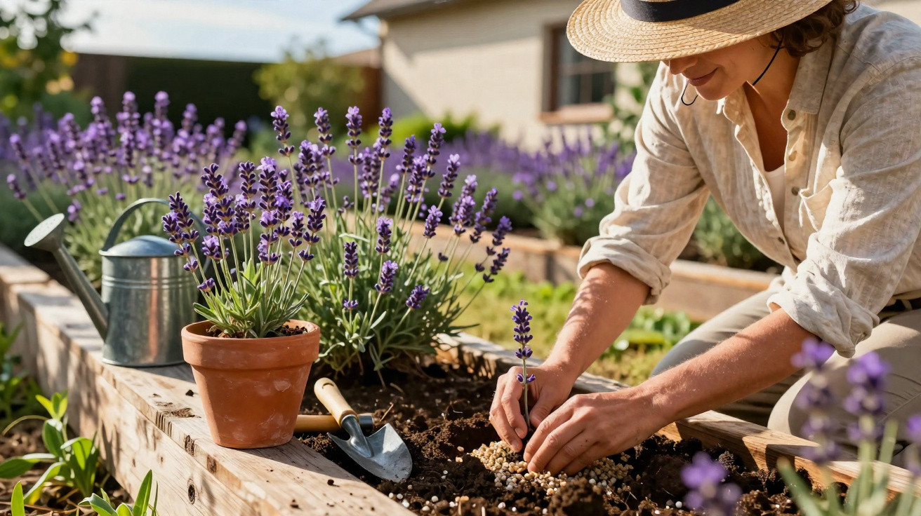 Pessoa a plantar flores num canteiro elevado com vasos de lavanda ao lado num jardim ensolarado.