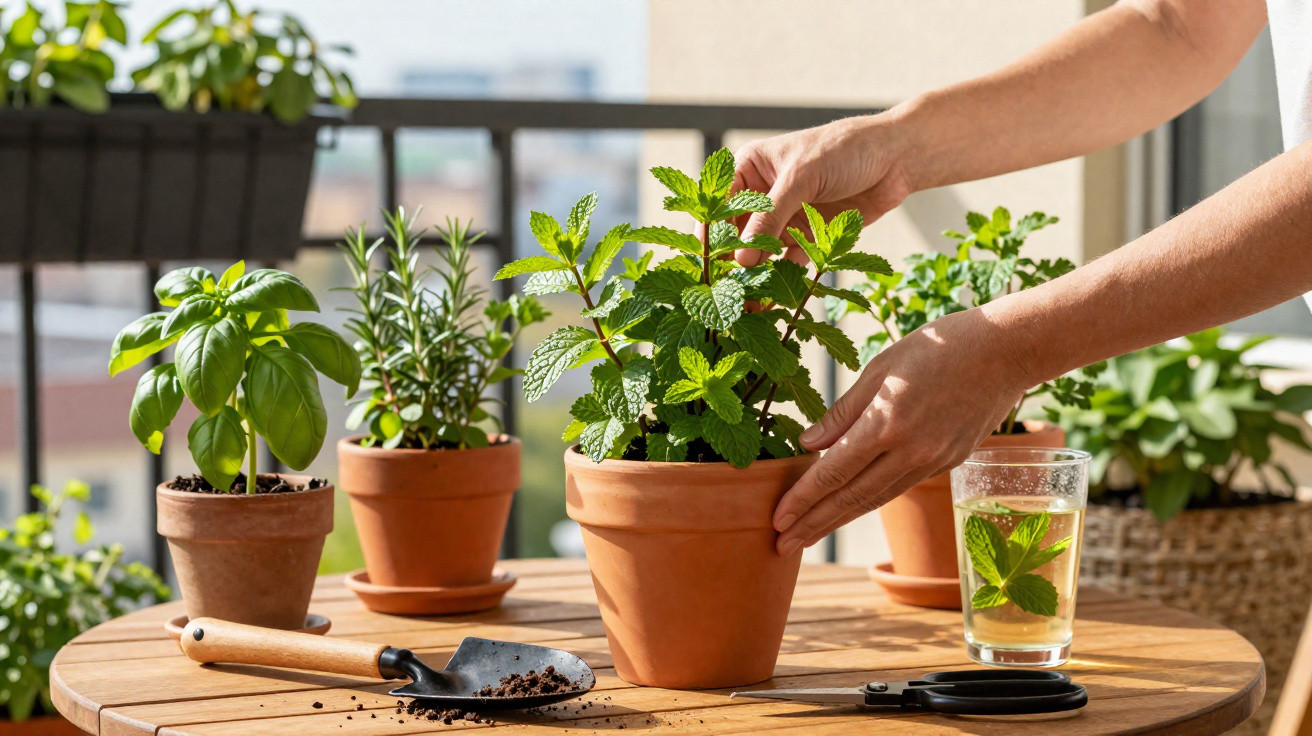 Mãos a cuidar de plantas aromáticas em vasos de barro num terraço iluminado pelo sol.