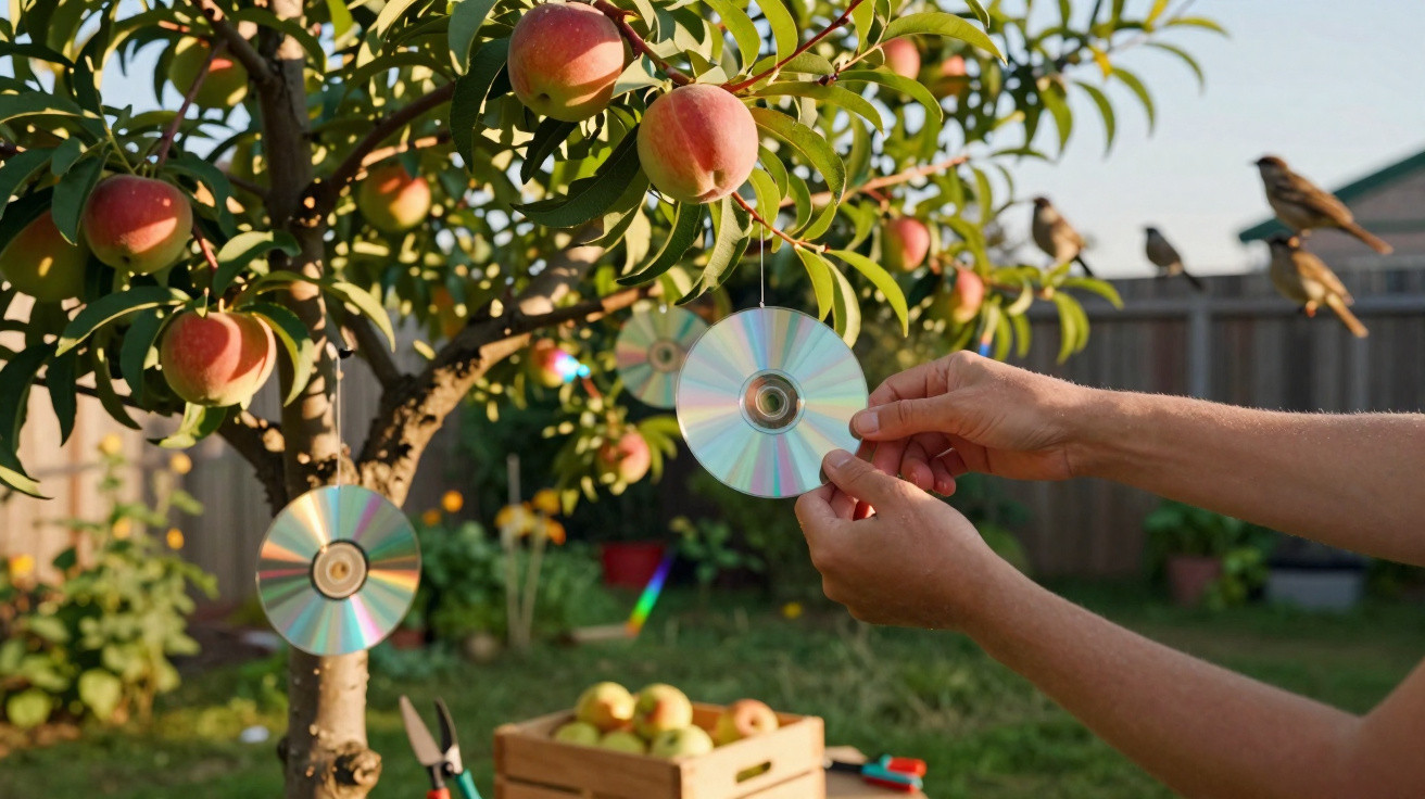 Mãos a pendurar CDs num ramo de pessegueiro com frutos maduros num jardim ensolarado.