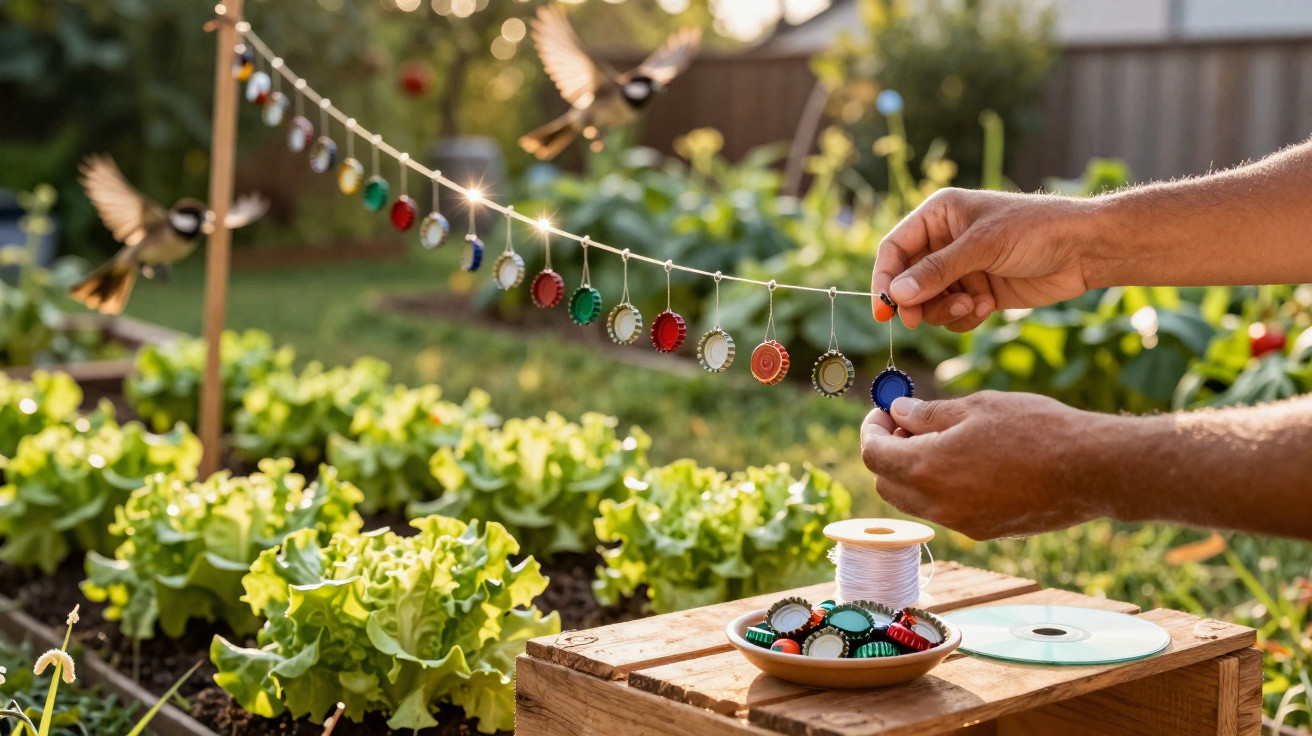 Mãos pendurando tampas de garrafa coloridas num fio esticado num jardim com plantas verdes.