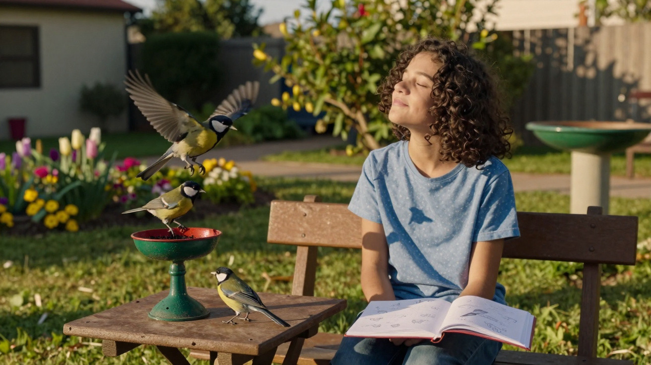 Criança sentada no jardim com livro aberto, observando pardais que pousam e voam perto dela.