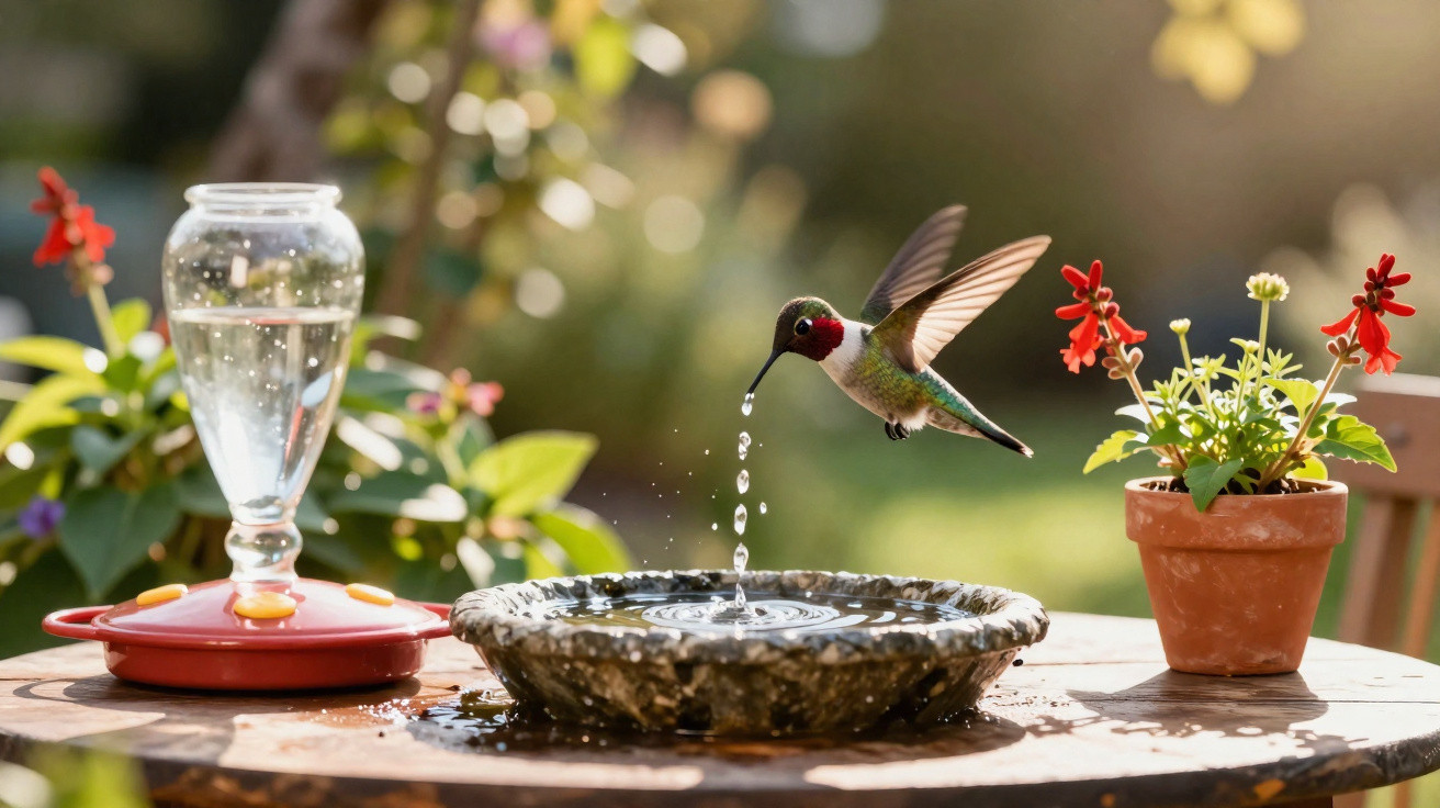 Beija-flor suspenso a beber água de uma fonte de jardim, com flores vermelhas em vaso ao lado.