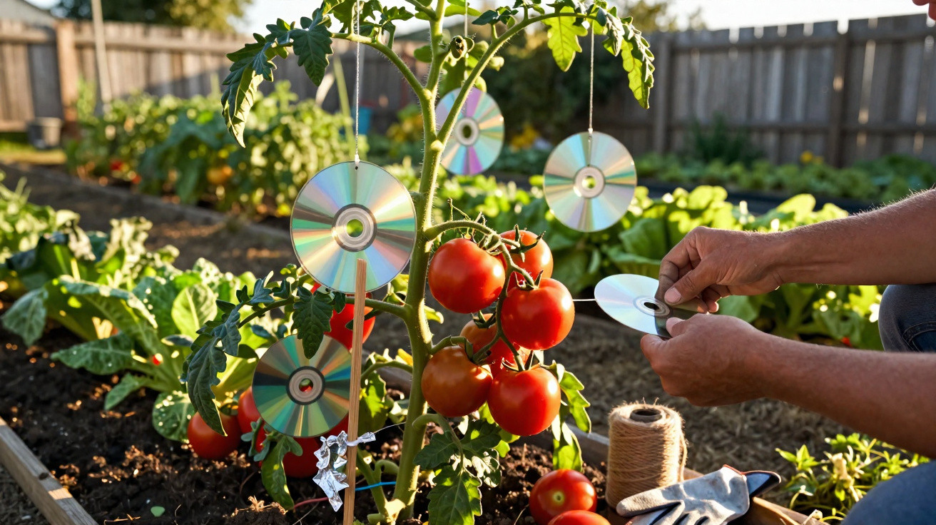 Planta de tomate plantada num jardim com CDs pendurados para afastar aves, mãos a ajustar um CD.