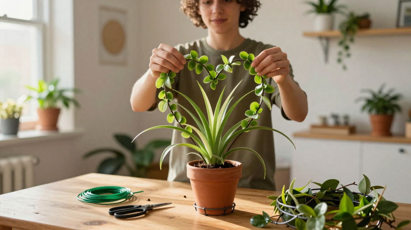 Pessoa a decorar planta num vaso com ramo em forma de coração numa mesa de madeira iluminada pela luz natural.