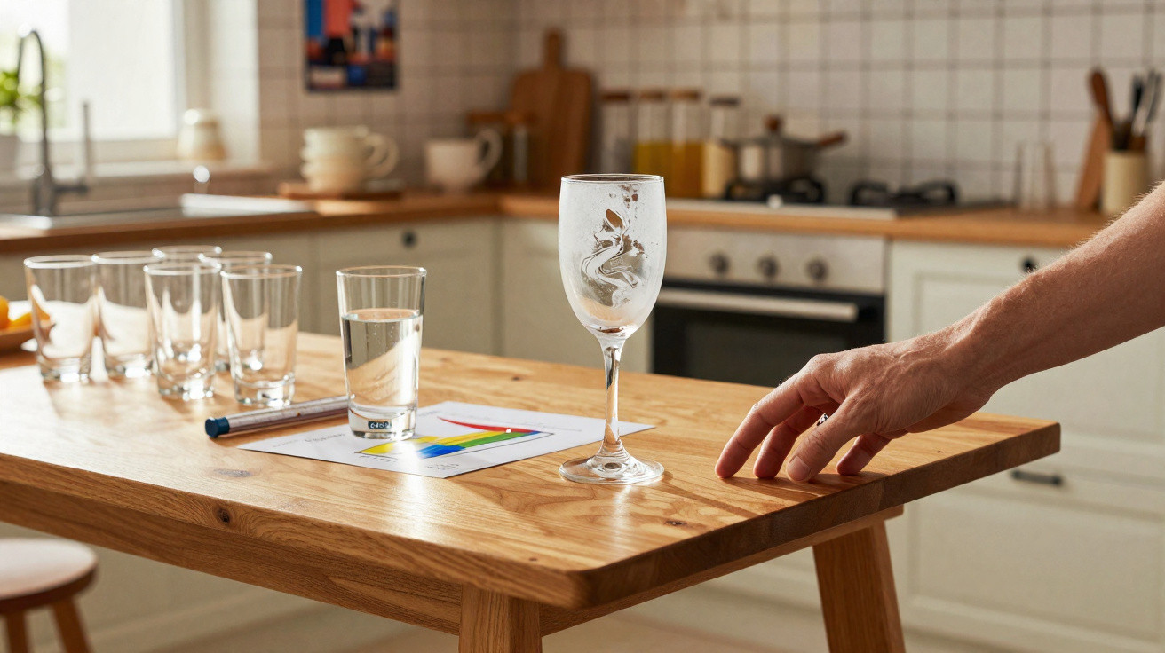 Mão masculina na borda de mesa de madeira com copos, gráfico colorido e caneta numa cozinha luminosa.