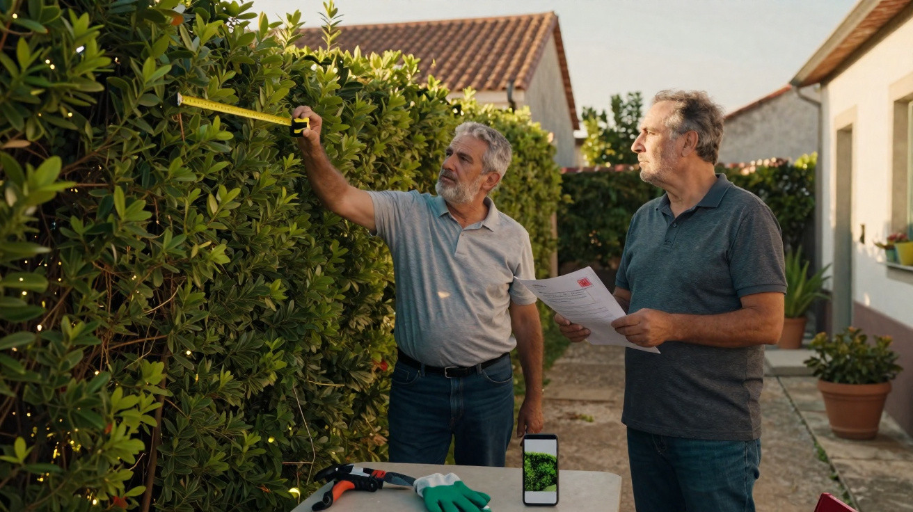 Dois homens medem e analisam um jardim, com ferramentas e plantas ao redor.
