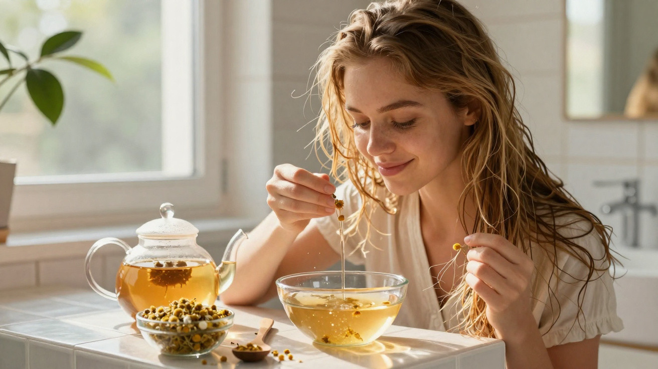 Mulher a preparar chá de camomila numa cozinha luminosa com jarra e flores secas na bancada.