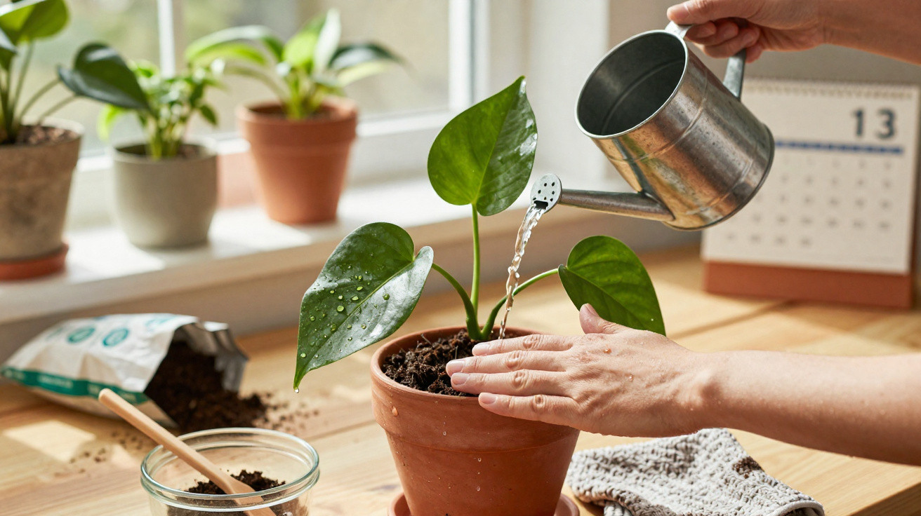 Pessoa a regar planta em vaso de barro numa mesa com terra e plantas ao fundo.