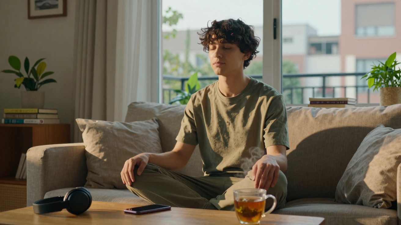 Jovem sentado no sofá com os olhos fechados, numa postura meditativa, com chá à frente numa sala iluminada.