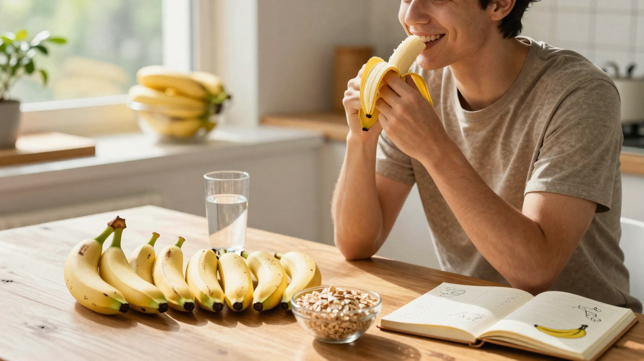 Homem sorridente a comer uma banana numa cozinha com várias bananas e um copo de água na mesa.