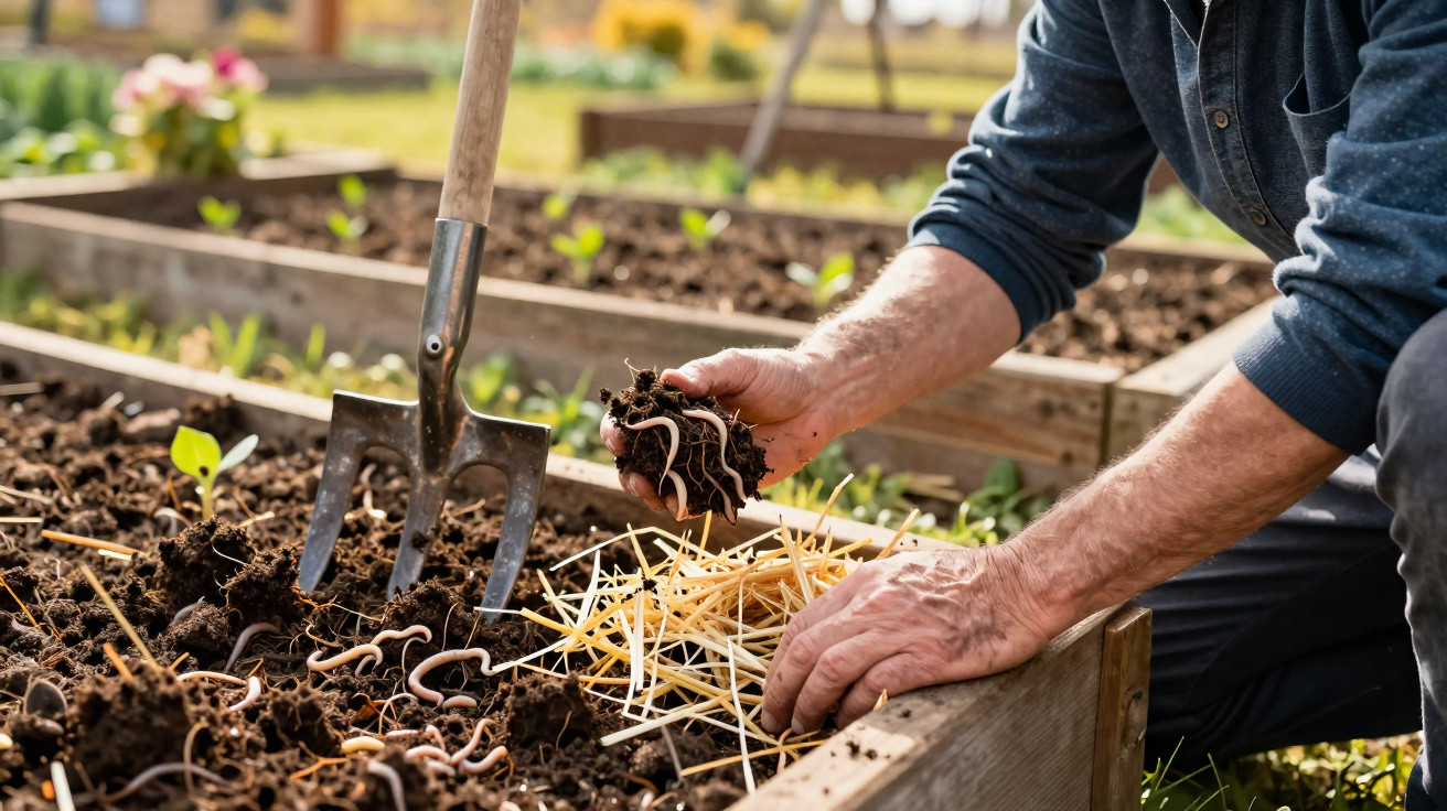 Pessoa a preparar terra com minhocas e palha numa horta com canteiros de madeira ao fundo.