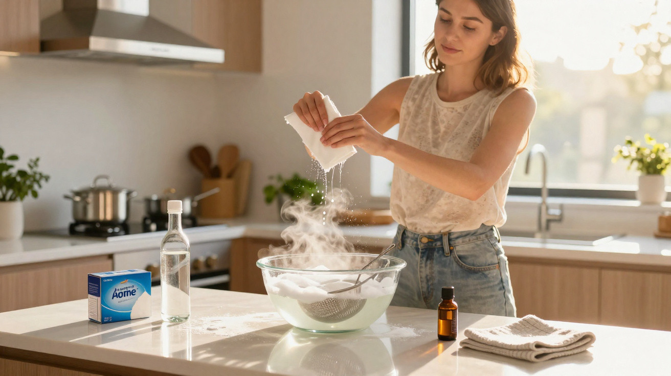 Mulher a cozinhar numa cozinha moderna, a deitar farinha numa tigela com vapor sobre a bancada.
