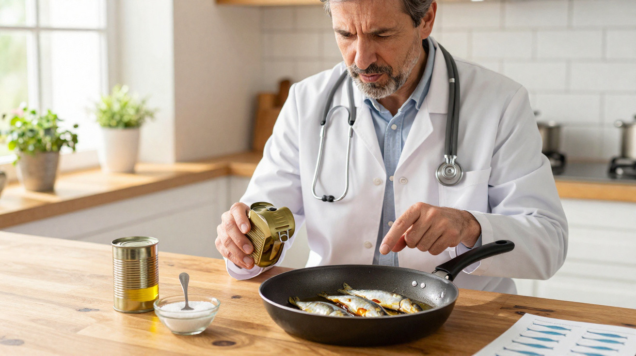 Médico com bata branca e estetoscópio aberto uma lata de sardinhas numa frigideira na cozinha.