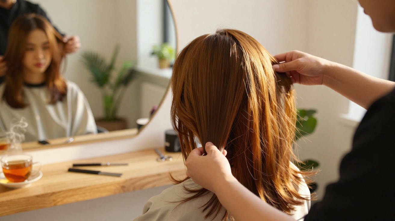Pessoa a pentear cabelo ruivo numa cadeira de cabeleireiro com chá e acessórios na mesa.