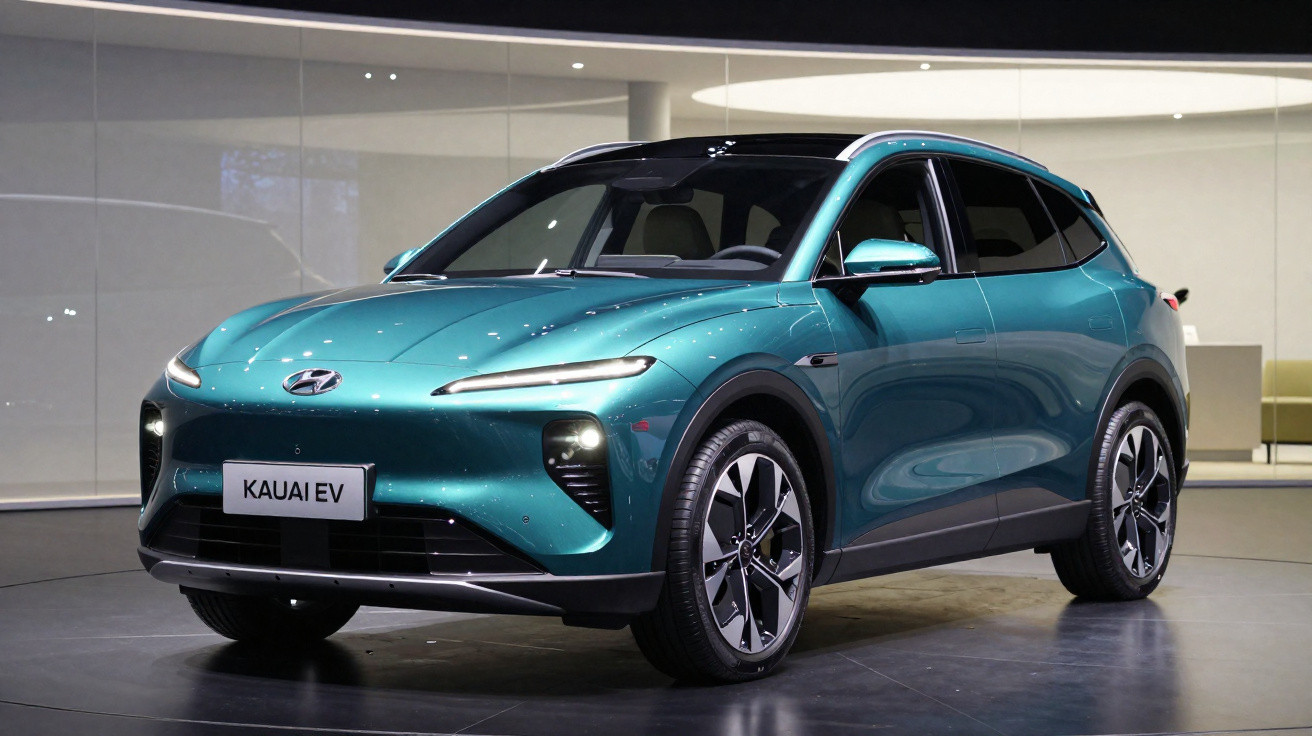 Carro elétrico Hyundai Kauai EV azul em exposição num ambiente moderno e minimalista.