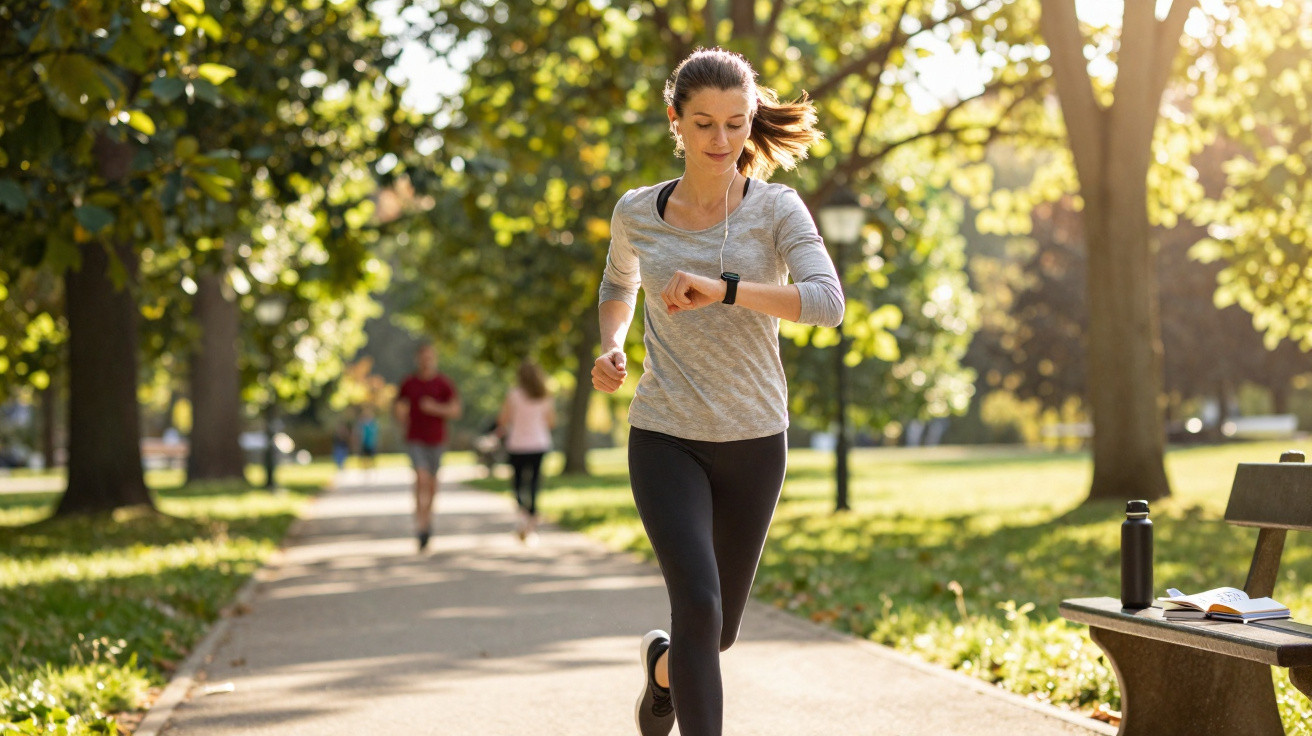 Mulher a correr num parque ensolarado, a olhar para o relógio, com auscultadores e roupa desportiva.