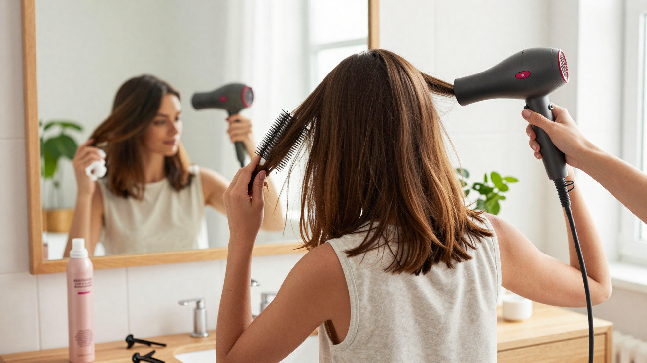 Mulher a secar o cabelo com secador e escova em casa, em frente a um espelho no banheiro.