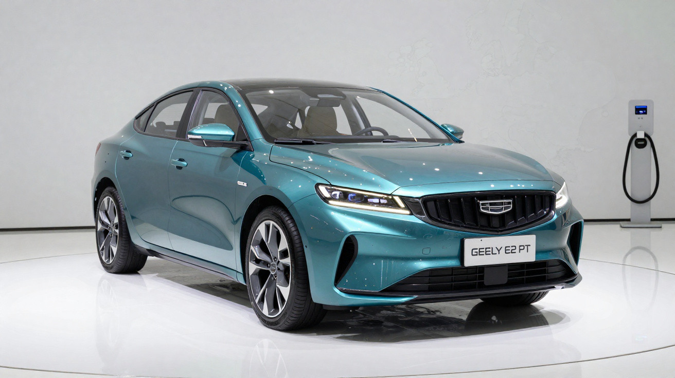 Carro elétrico Geely E2 PT de cor azul apresentado num espaço interior moderno e minimalista.