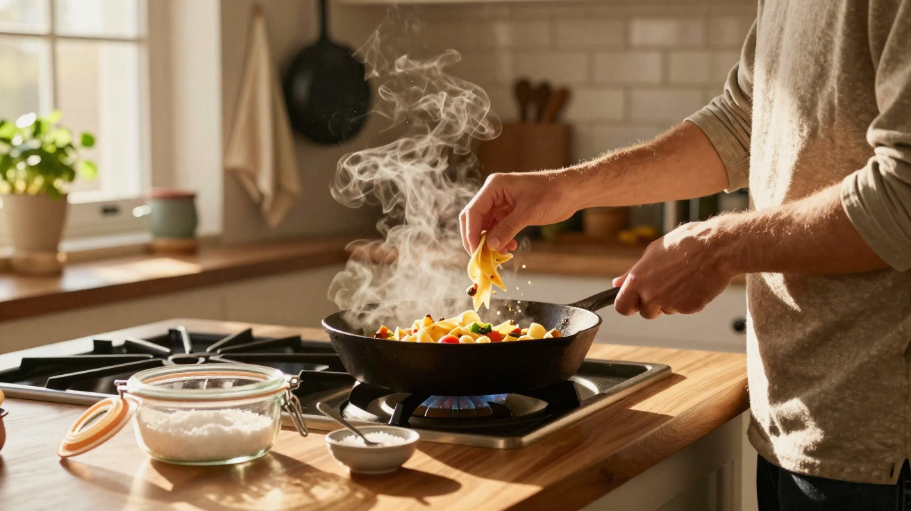 Pessoa a cozinhar legumes numa frigideira no fogão numa cozinha iluminada pelo sol.