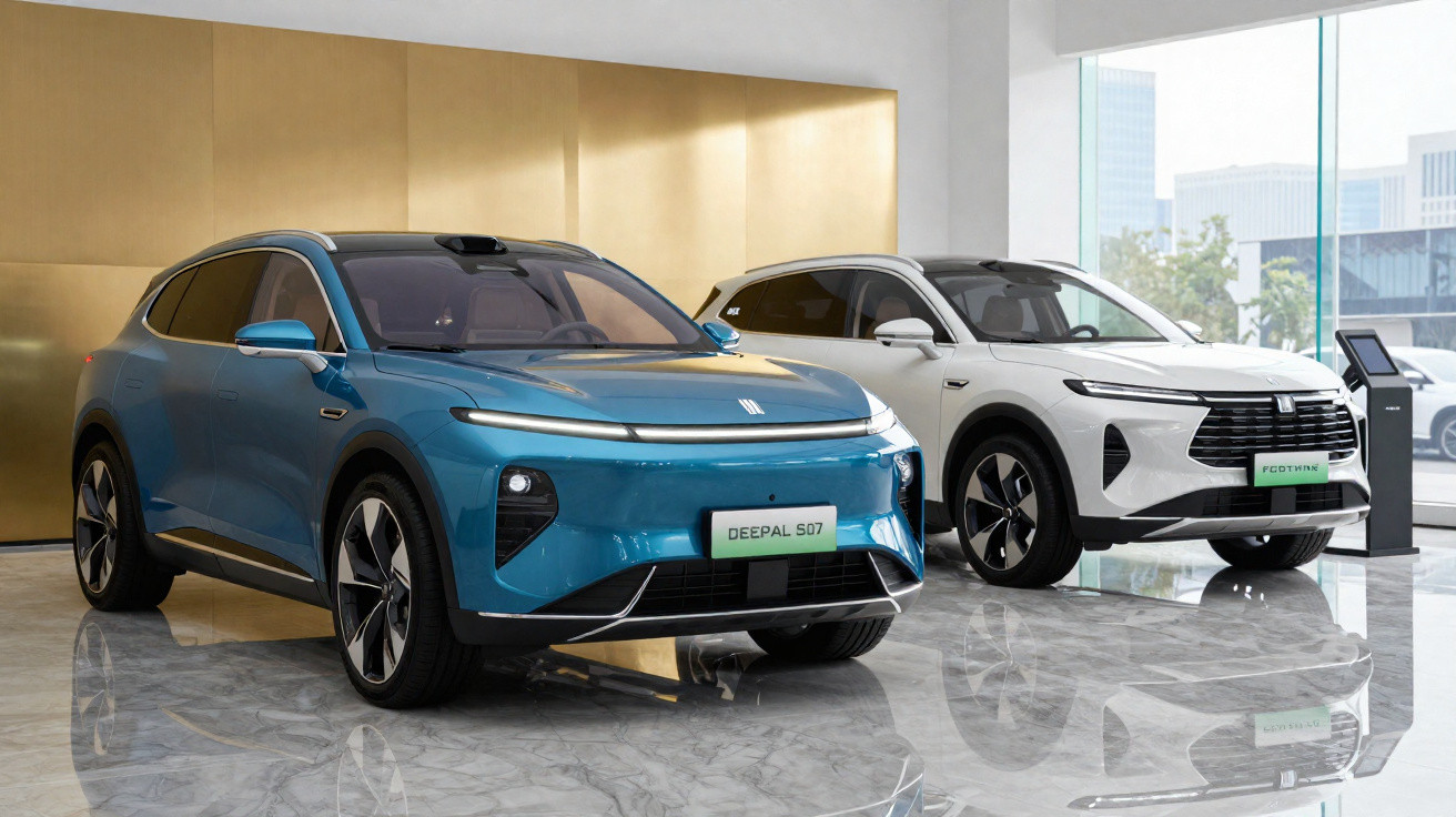 Dois carros elétricos modernos, azul e branco, expostos num salão com chão em mármore.