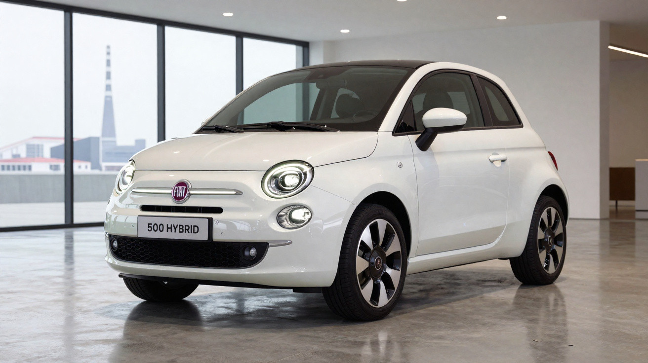 Automóvel Fiat 500 Hybrid branco estacionado num espaço interior com grandes janelas.