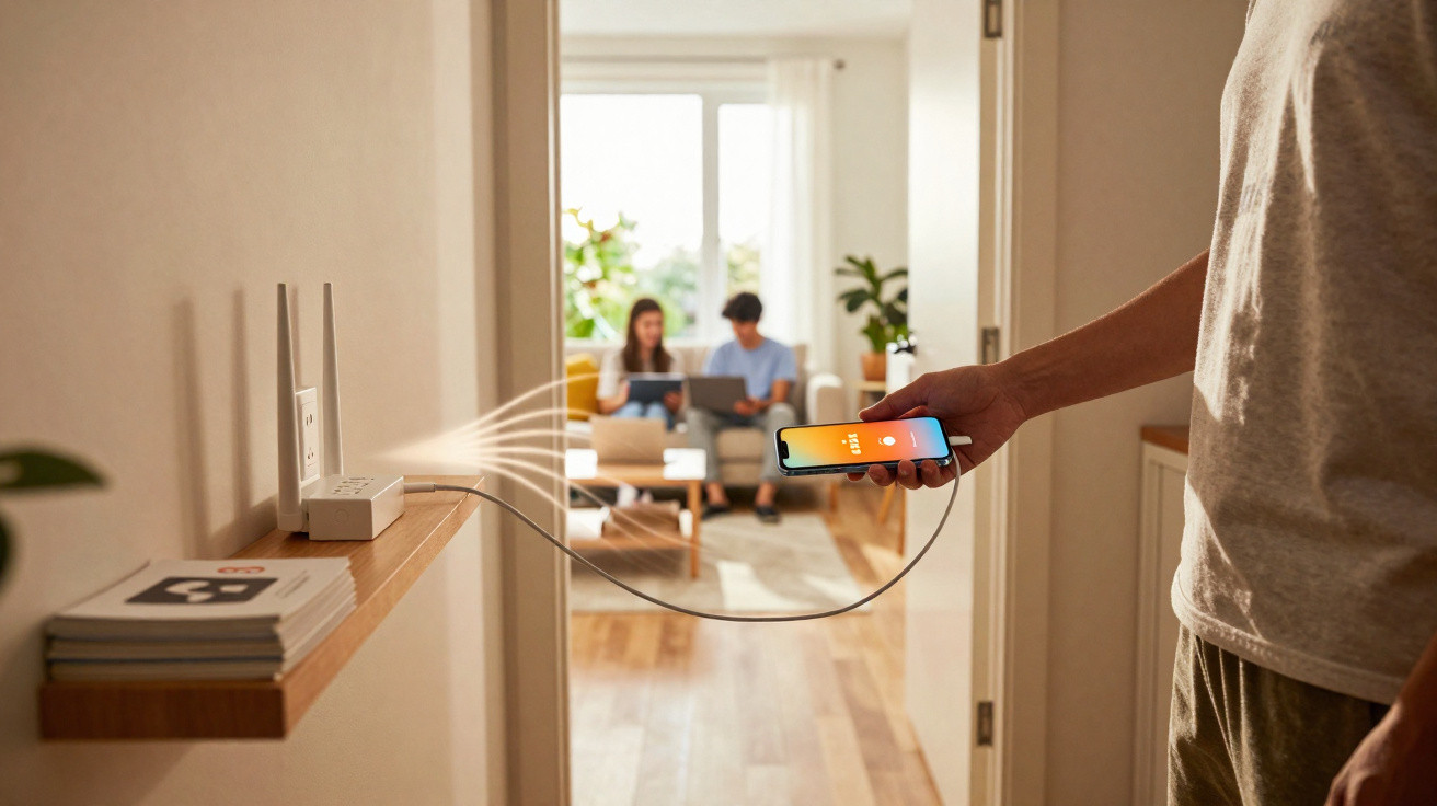 Pessoa a segurar telemóvel ligado ao router próximo, com casal a usar portáteis no sofá ao fundo numa sala iluminada.