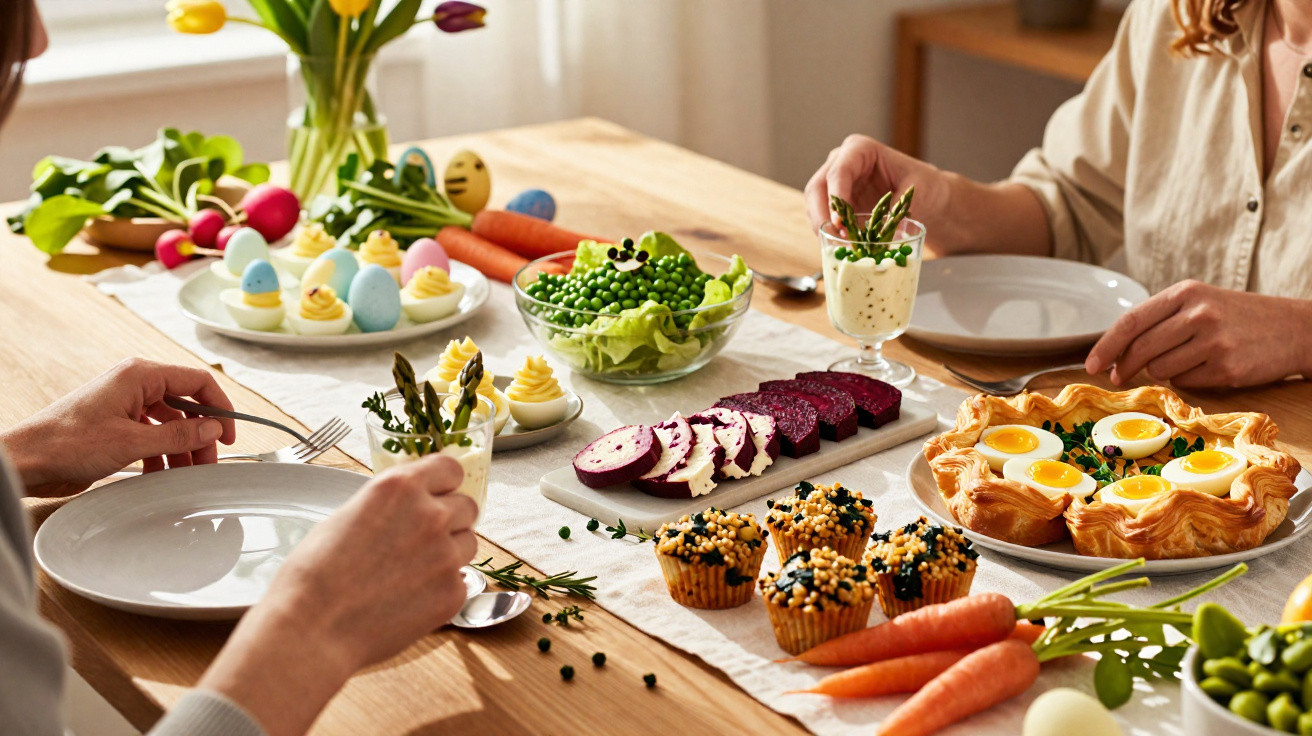 Mesa com comida saudável, incluindo ovos, legumes, cupcakes e salada, com duas pessoas prontas para comer.