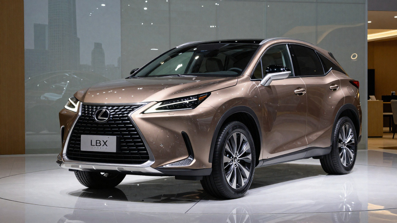 Carro SUV Lexus LBX castanho exposto em ambiente interior moderno com iluminação focada.