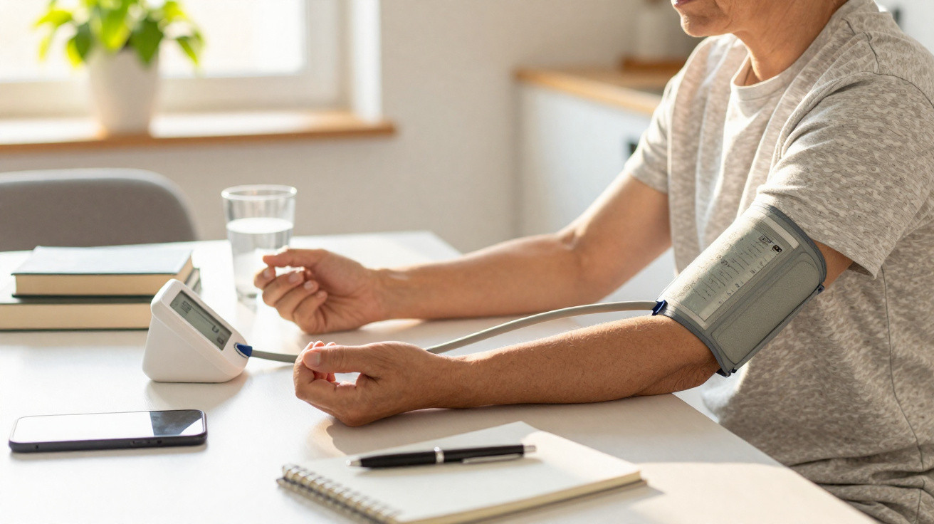 Pessoa a medir a pressão arterial em casa com aparelho digital, sentada à mesa com caderno e telemóvel.